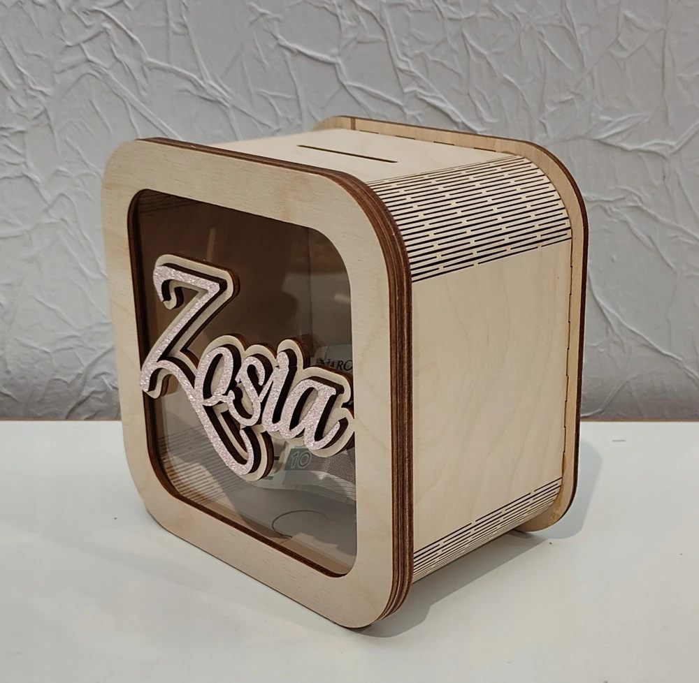 Bez Marki Skarbonka imię dziecka brokatowe róż mėlyna sklejka 15x15cm prezent