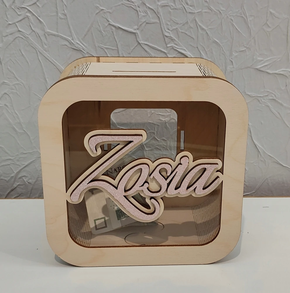 Bez Marki Skarbonka imię dziecka brokatowe róż mėlyna sklejka 15x15cm prezent