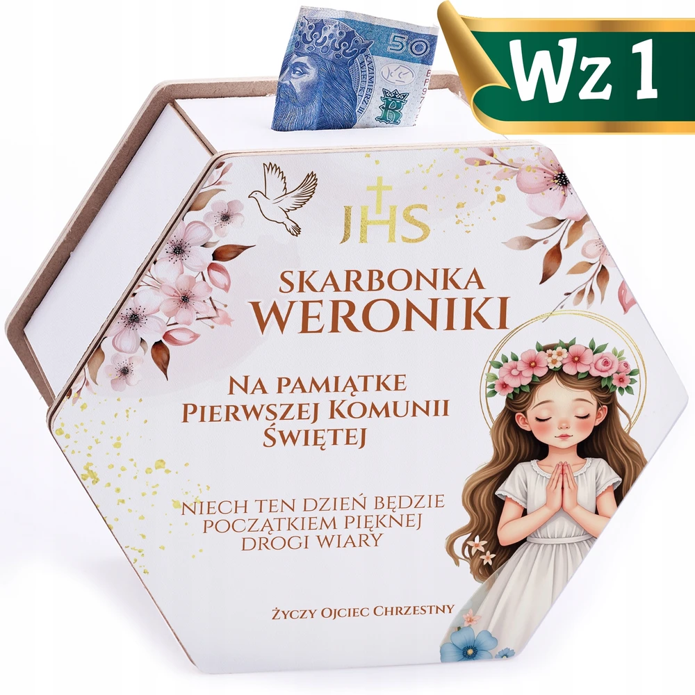 Bez Marki SKARBONKA KOMUNIJNA MARZEŃ PREZENT KOMUNIA ŚWIĘTA PERSONALIZACJA IMIĘ