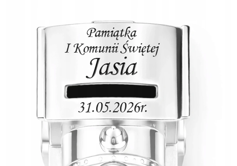 Bez Marki Skarbonka Lokomotywa Posrebrzana su GRAWEREM Prezent na Chrzest Urodzinki