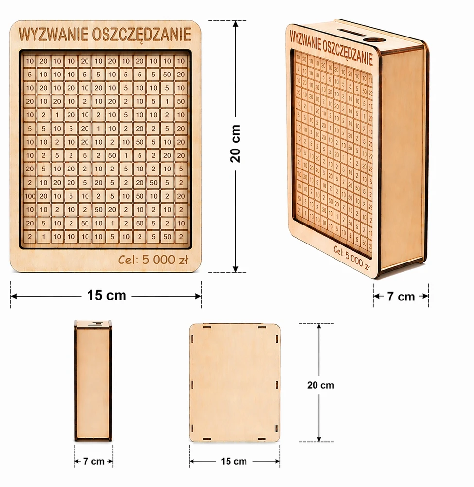 Bez Marki Skarbonka Wyzwanie Oszczędzania 5000zł Pudełko Prezent 20x15 Drewniana Box