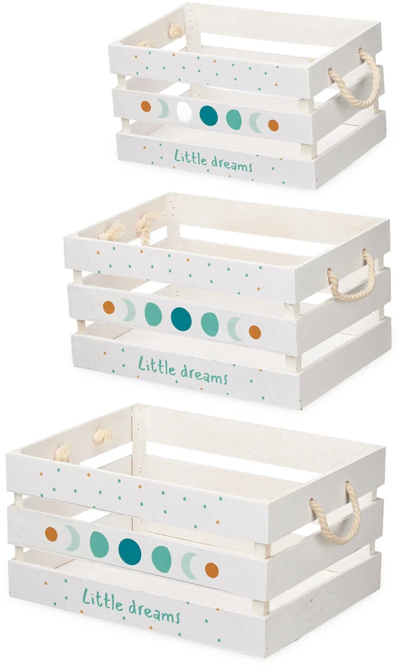 Gift Decor Bez Marki SKRZYNKI balta DREWNIANE NA ZABAWKI Z UCHWYTAMI MOON 3 SZTUKI 40X30X20 CM
