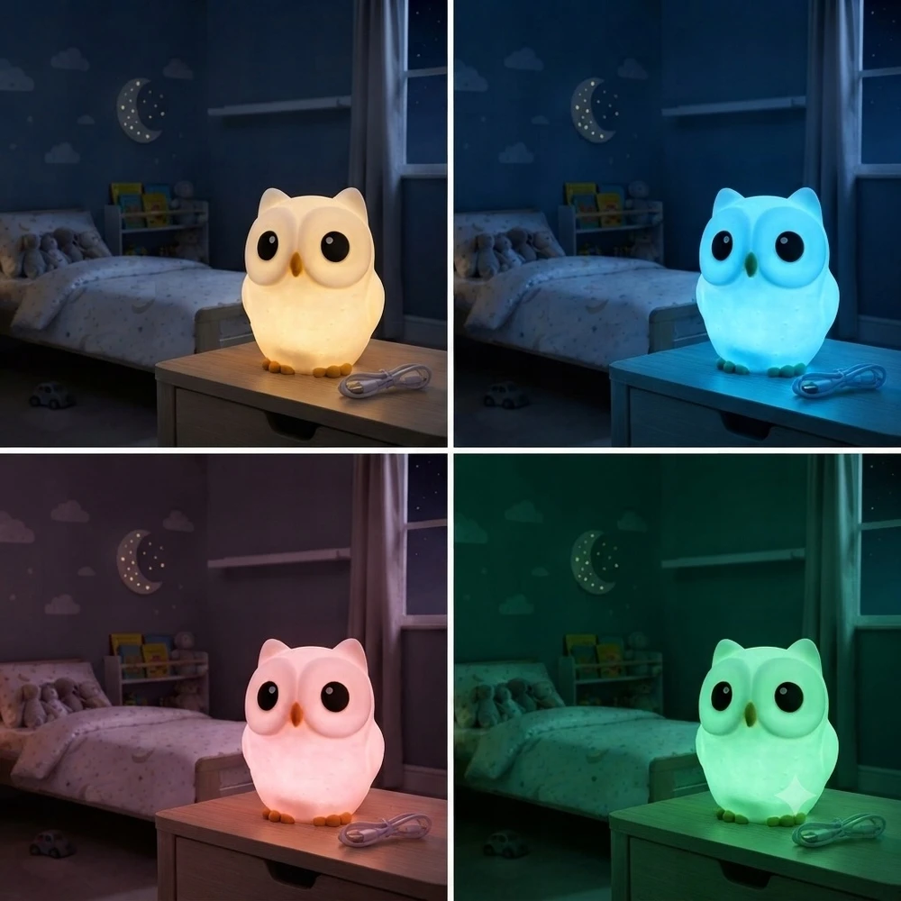 Bez Marki SOWA Lampka nocna LED vaikams – silikonowa minkšta RGB, wiele kolorów USB
