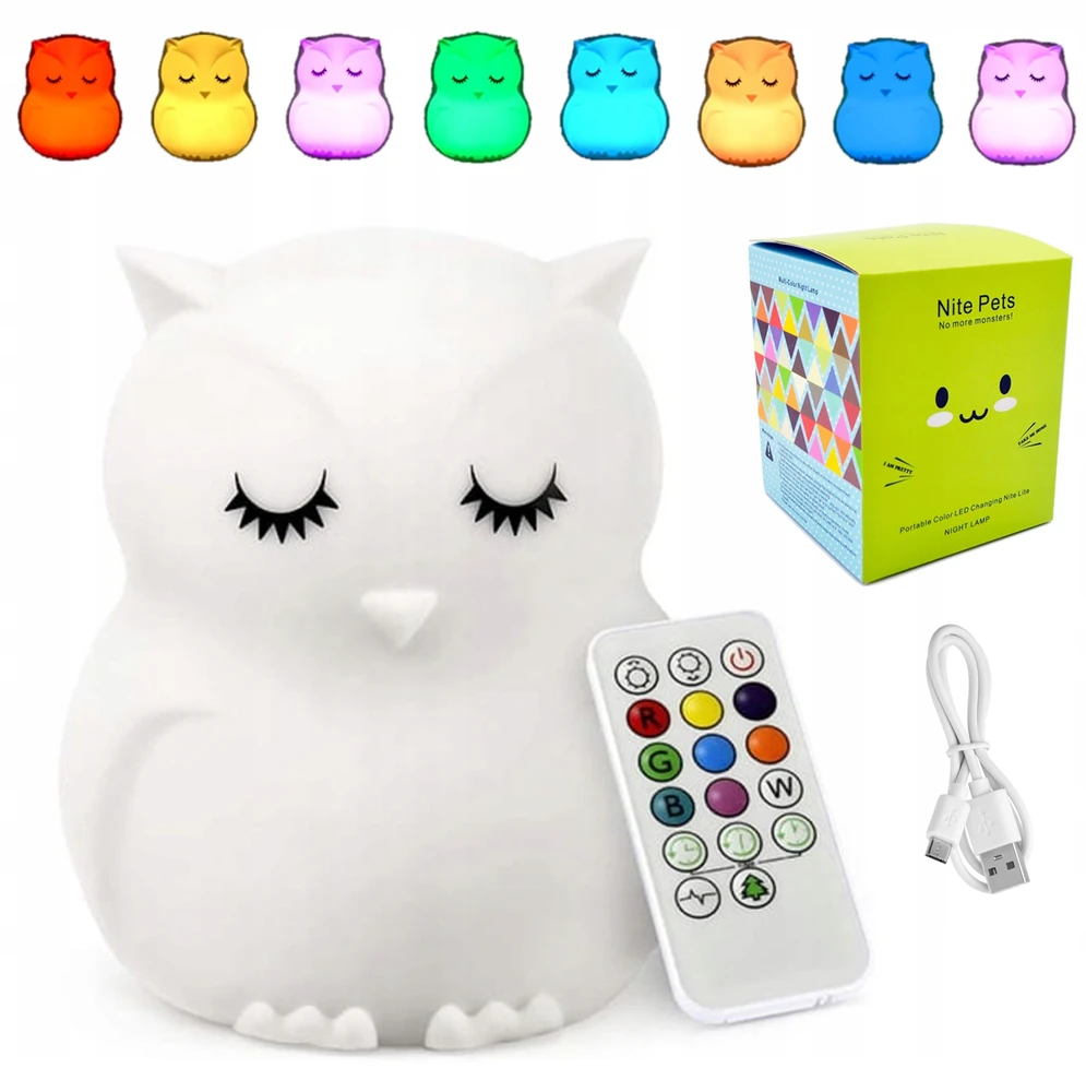 Bez Marki SOWA Naktinė lempa DLA DZIECI KOLOROWA SILIKONOWA MIĘKKA LED RGB +USB +Pultas