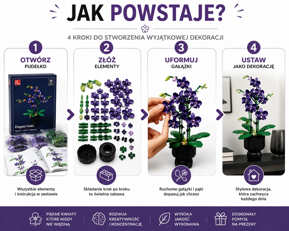 Bez Marki Statybiniai blokai Purpurinė orchidėja Orchidėja 692 elementai Gėlės dekoravimo dovana