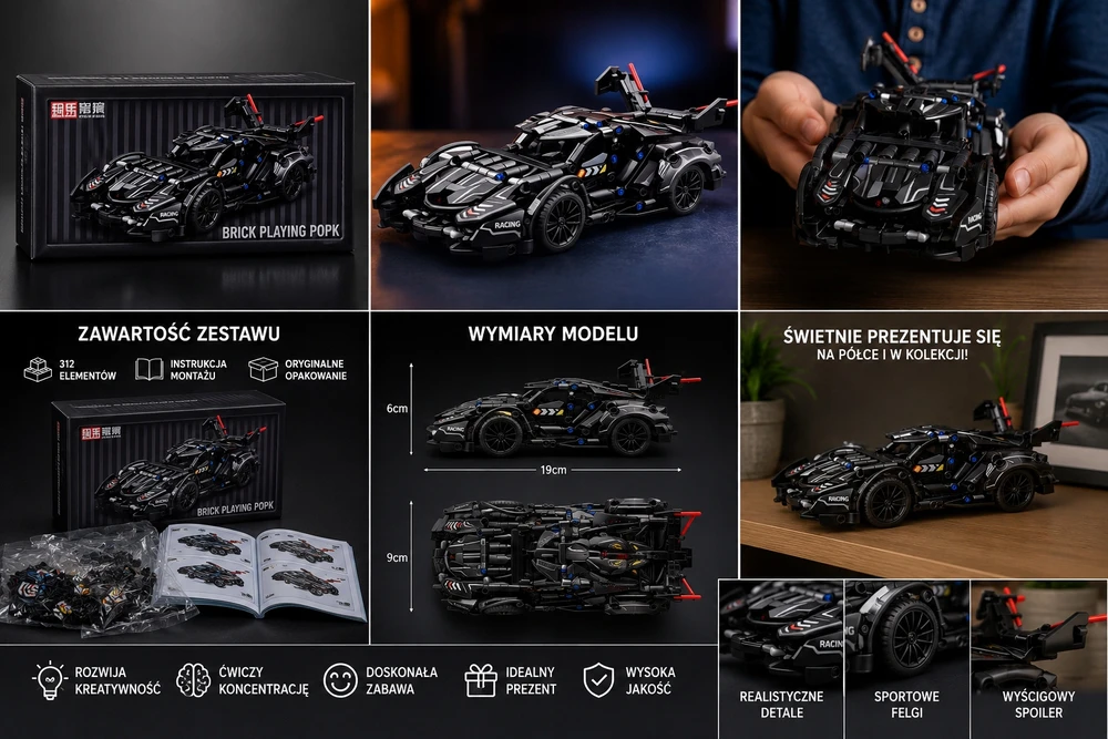 Bez Marki Technic Sports Car Blocks 312 Elements Juodas Hypercar Premium modelis