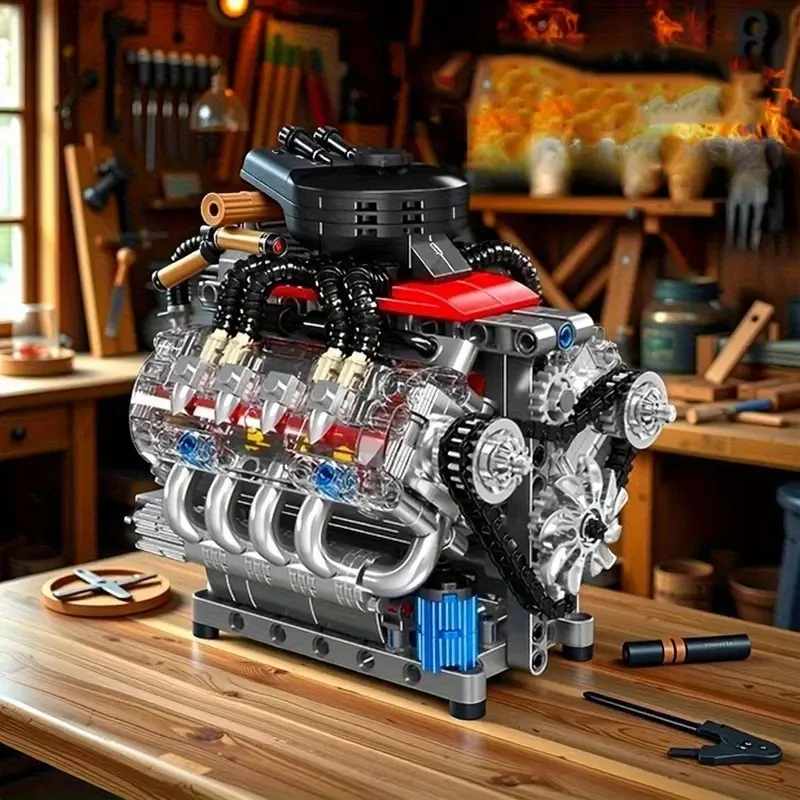 Bez Marki TECHNIK V8 Rinkinys DO MONTAŻU SILNIKA Z KLOCKÓW, Kaladėlės ZACISKOWE, SILNIK V8