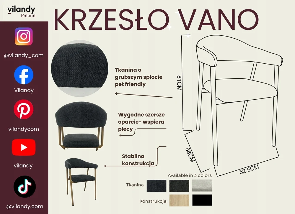 Bez Marki VANO minkšta valgomojo kėdė, ąžuolinis rėmas, grafito šenilinis audinys