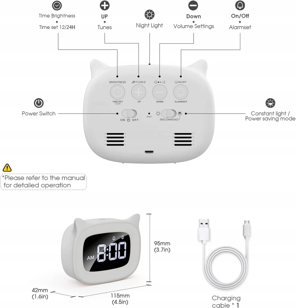 Bez Marki Žadintuvas Dziecięcy LED Kot Lampka Nocna USB 2 Alarmy balta