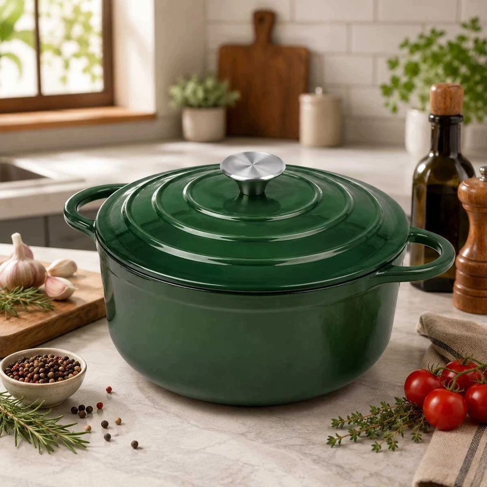 Bez Marki Žalias emaliuotas ketaus PUODAS SU DANGIU - INDUKCINIS, DUJOS - 28 CM - 5,9L
