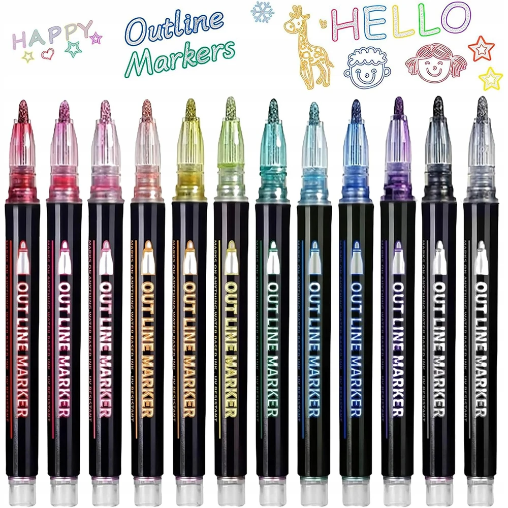 Bez Marki ŽYMEKLIAI MAGICAL METALIC MARKERS DVIGUBAI LINIJAI KONTŪRINIAI ŽYMEKLIAI 12 vnt.