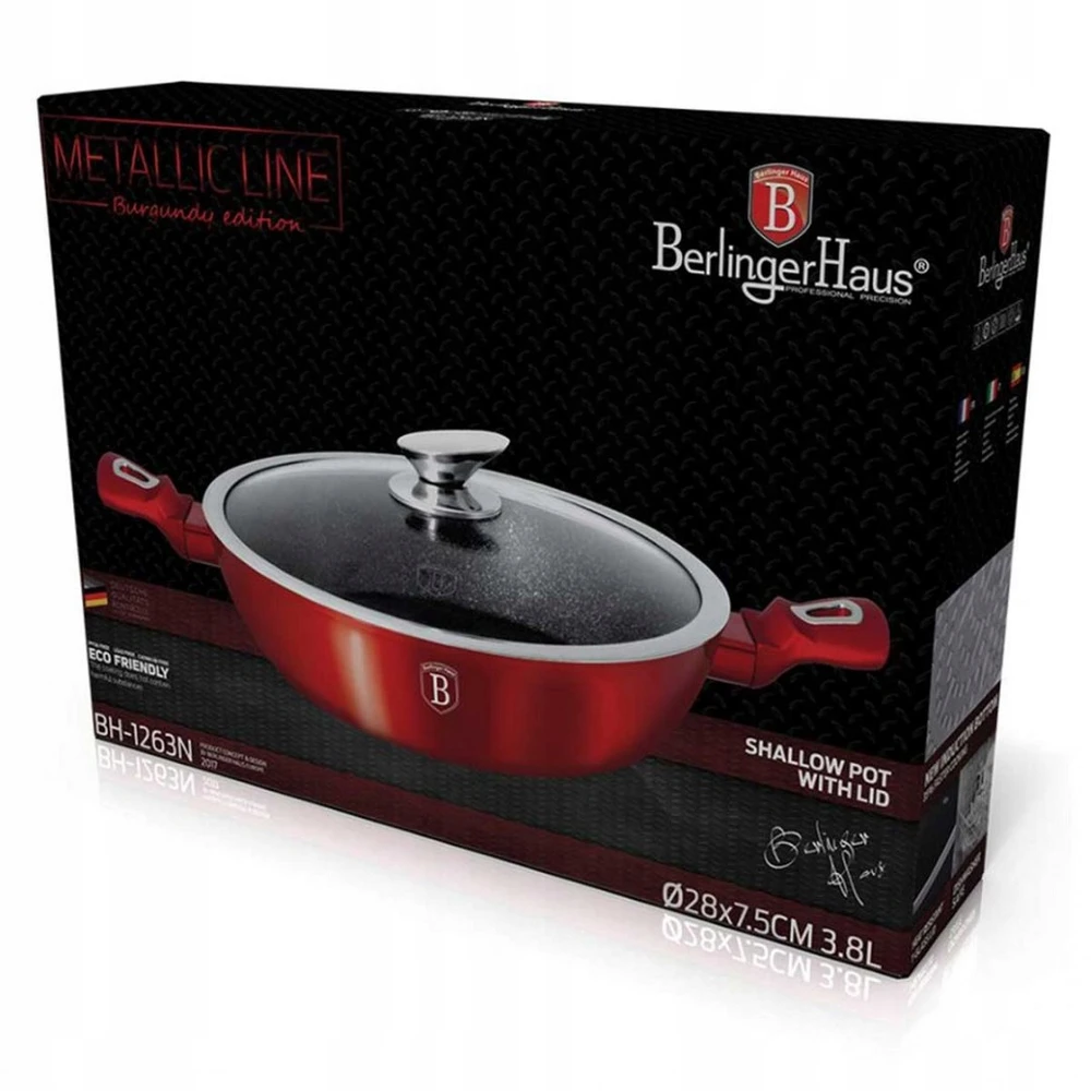 BH-1263N - Plokščias granitinis puodas 3,8 l 28 cm Berlinger Haus Burgundy Line