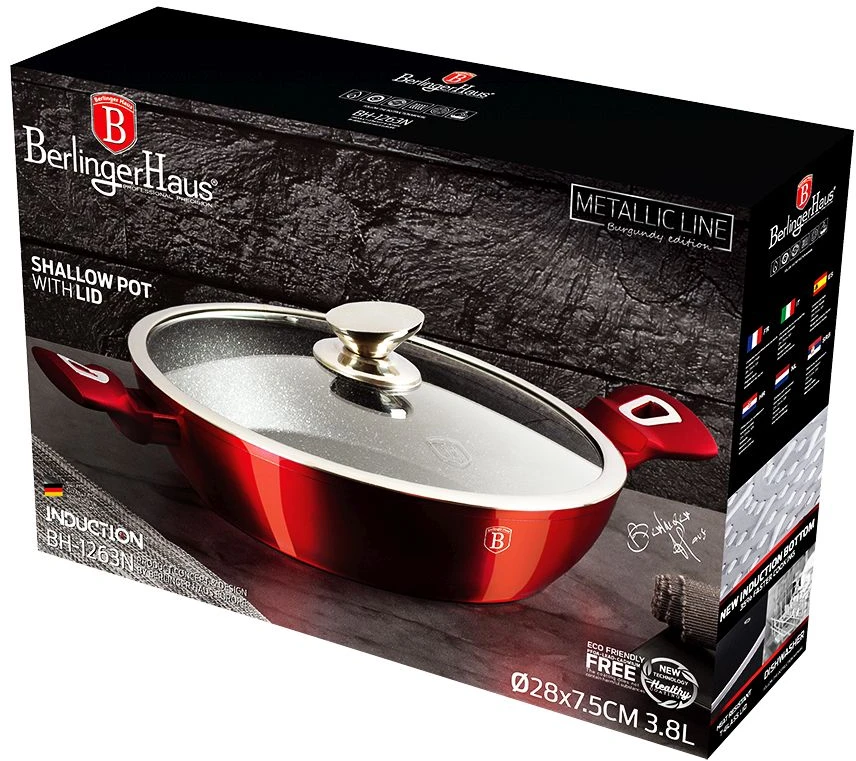 BH-1263N - Plokščias granitinis puodas 3,8 l 28 cm Berlinger Haus Burgundy Line