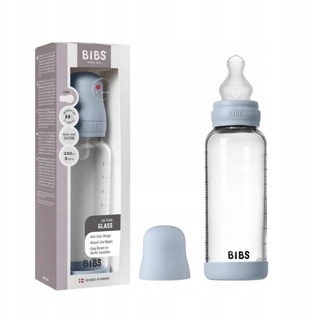 BIBS BABY BOTTLE buteliukas - 1x stiklinis buteliukas 100% hipoalerginis silikonas, 240m