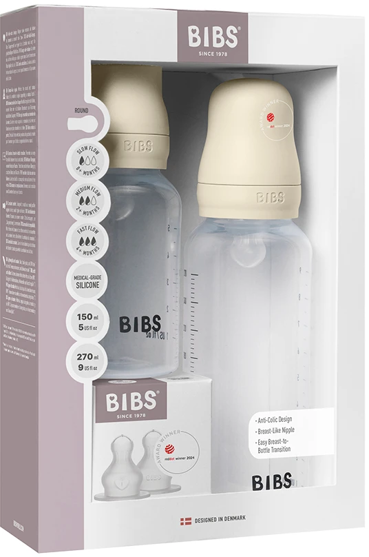 BIBS buteliukai nuo pilvo dieglių, 2 dalių rinkinys, 4 žindukai, smėlio spalvos be BPA