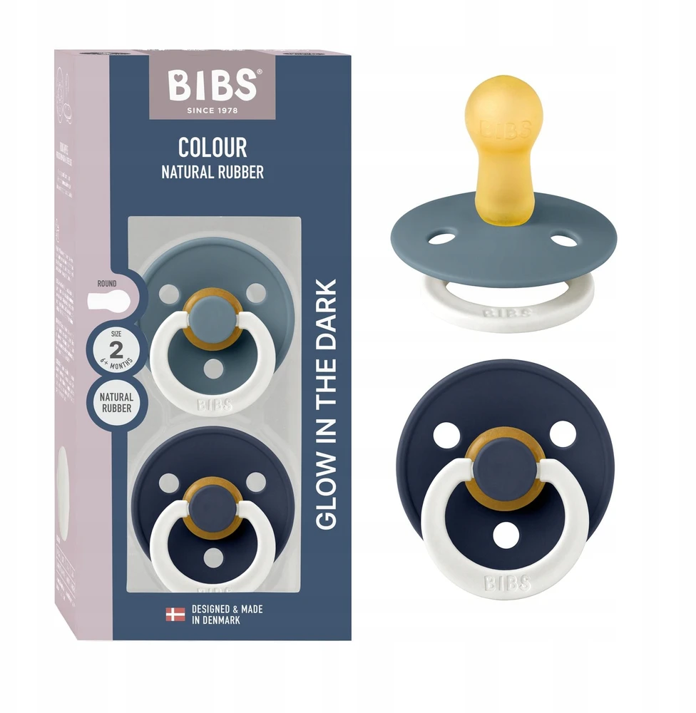Bibs Color 6m+ apvalus kaučiuko čiulptukas, 2 vnt., šviečiantis tamsoje