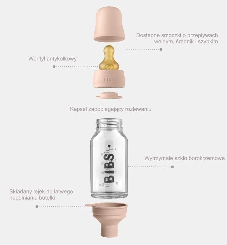 BIBS kūdikio buteliukas 110 ml MAUVE HEVEA guminis spenelių stiklas