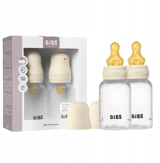 Bibs SEILINTUKAI - Kūdikių buteliukai su apvaliais latekso buteliukais, 2 vnt., lėto srauto - Dramblio kaulo spalvos - 150 ml
