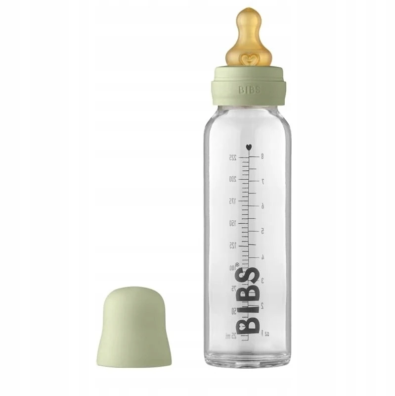BIBS stiklinis buteliukas nuo dieglių 225 ml (Sage) pilnas komplektas