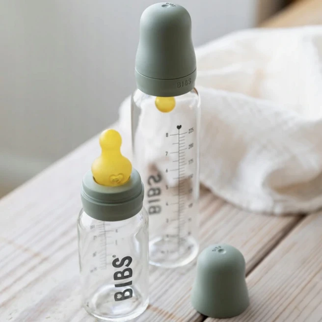 BIBS stiklinis buteliukas nuo dieglių 225 ml (Sage) pilnas komplektas