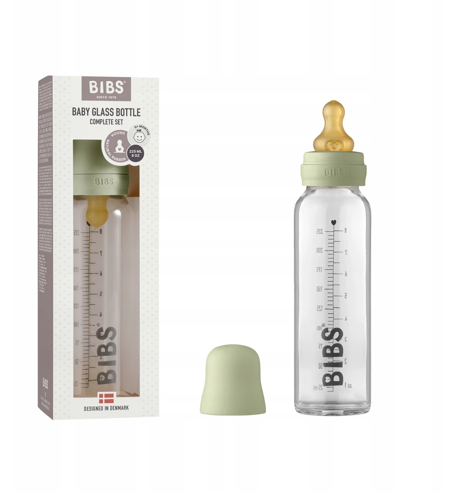 BIBS stiklinis buteliukas nuo dieglių 225 ml (Sage) pilnas komplektas