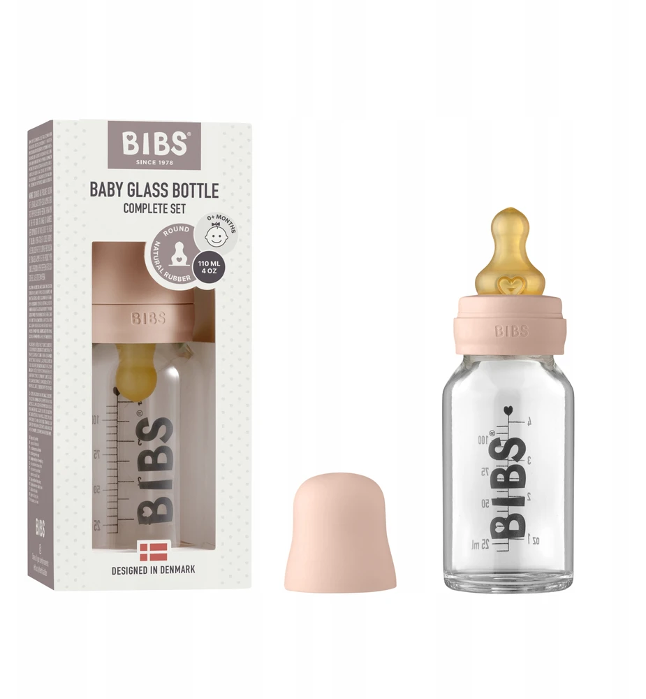 BIBS stiklinis buteliukas nuo dieglių 110 ml (Blush) pilnas komplektas