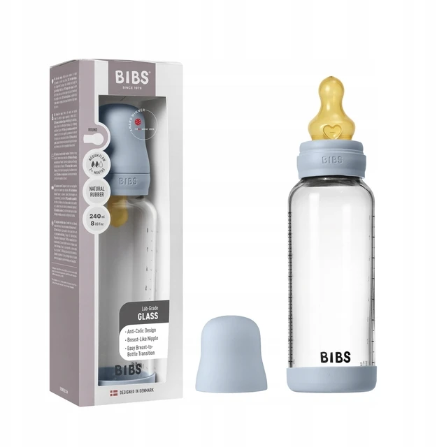 BIBS naujasis stiklinis buteliukas nuo dieglių 240 ml medium flow pilnas komplektas Baby mėlynas
