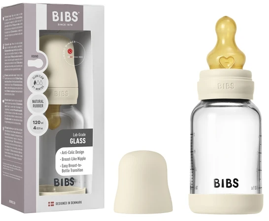 Bibs SEILINTUKAI - stiklinis kūdikių buteliukas, apvalus, lateksinis, lėto srauto - dramblio kaulo spalvos - 120 ml