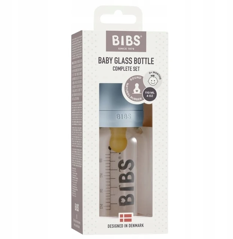BIBS stiklinis buteliukas nuo dieglių 110 ml (Baby Mėlyna) pilnas komplektas