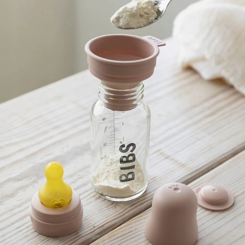 BIBS stiklinis buteliukas nuo dieglių 110 ml (Baby Mėlyna) pilnas komplektas