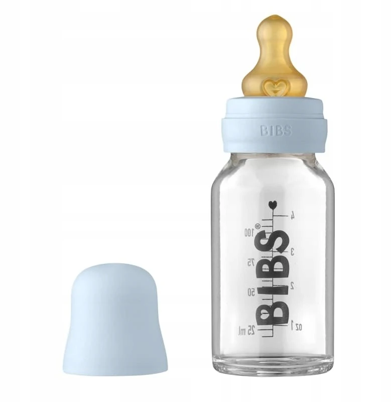 BIBS stiklinis buteliukas nuo dieglių 110 ml (Baby Mėlyna) pilnas komplektas