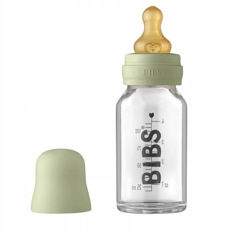 BIBS stiklinis buteliukas nuo dieglių 110 ml (Sage) pilnas komplektas