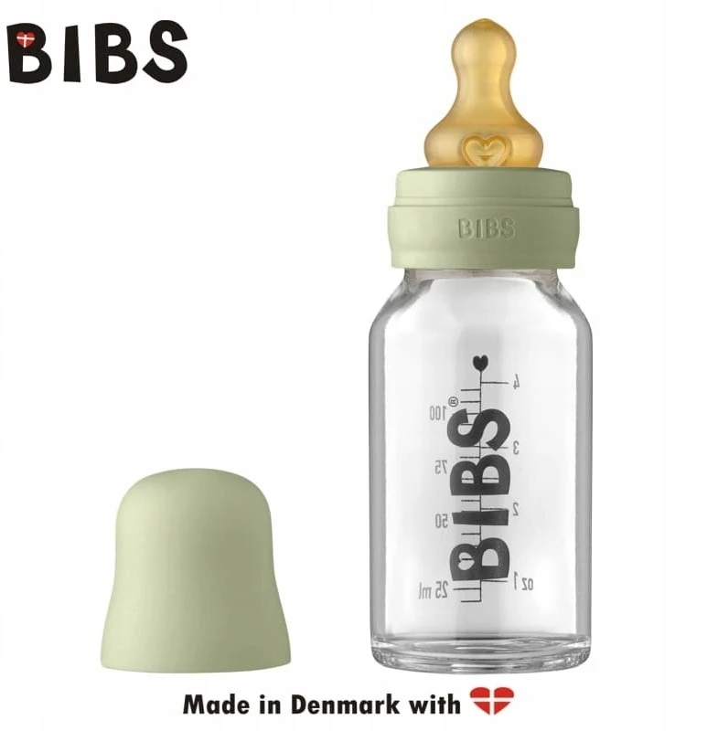 BIBS stiklinis buteliukas nuo dieglių 110 ml (Sage) pilnas komplektas