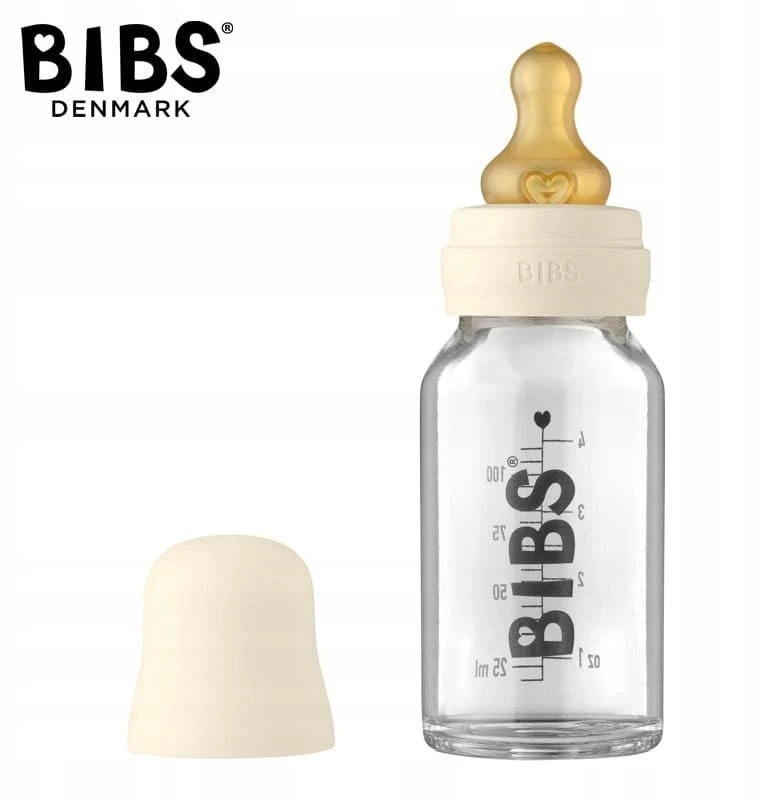 BIBS stiklinis buteliukas nuo dieglių 110 ml (Ivory) pilnas komplektas