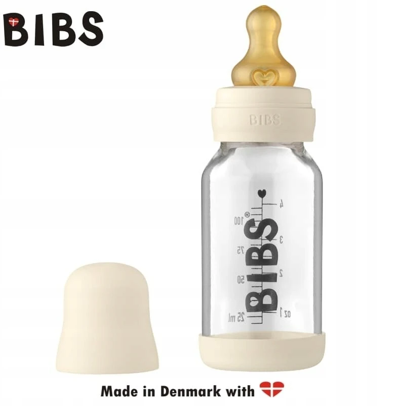 BIBS stiklinis buteliukas nuo dieglių 110 ml (Ivory) pilnas komplektas