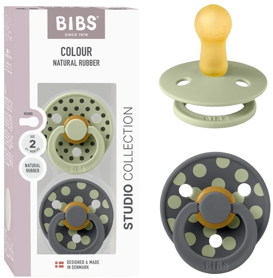 BIBS Studio Polka Dots kūdikių čiulptukas 2 vnt Round 6m+ Sage / Iron