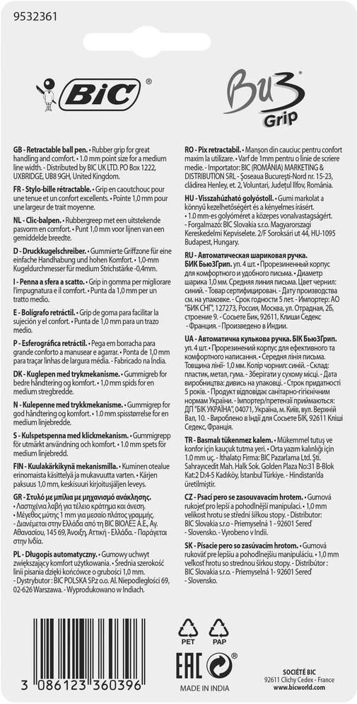 Bic Bu3 Grip mėlynas rašiklis, 4 vnt.