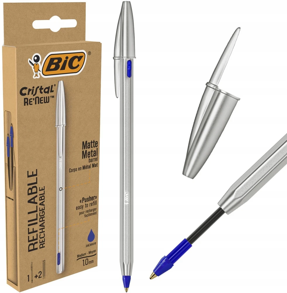 Bic Cristal Re'new metalinis rašiklis, mėlynas, su papildomais 2 rašiklio užpildais