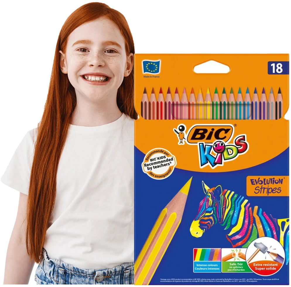 BIC Evolution Stripes pieštukai, didelis 18 spalvų rinkinys