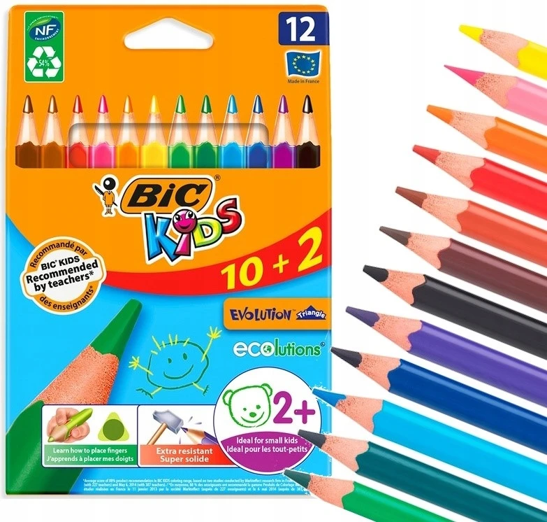 BIC Kids Evolution Triangle ECOlutions Trikampiai Spalvoti Pieštukai - Mišrios Spalvos, 12 Vnt. Kartoninė Dėžutė