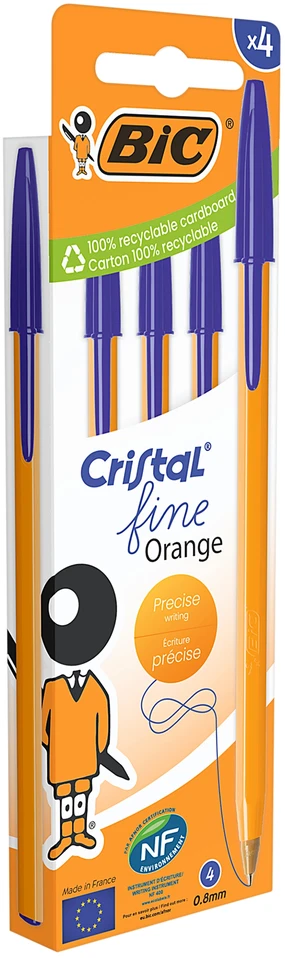 Bic Oranžinis Fine Cristal mėlyni rašikliai, 4 vnt.