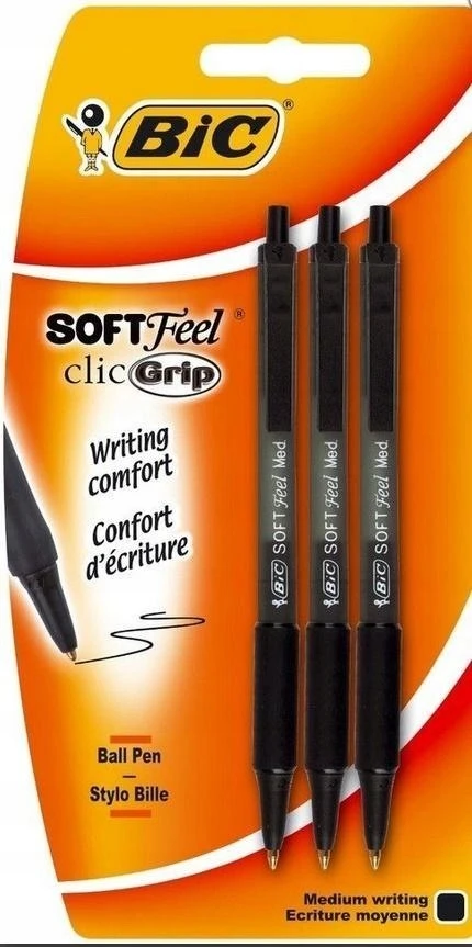 Bic Soft Feel Clic Grip automatiniai rašikliai, juodi, 3 vnt.