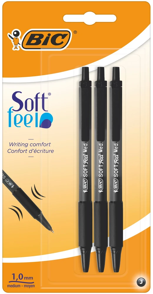 Bic Soft Feel Clic Grip automatiniai rašikliai, juodi, 3 vnt.