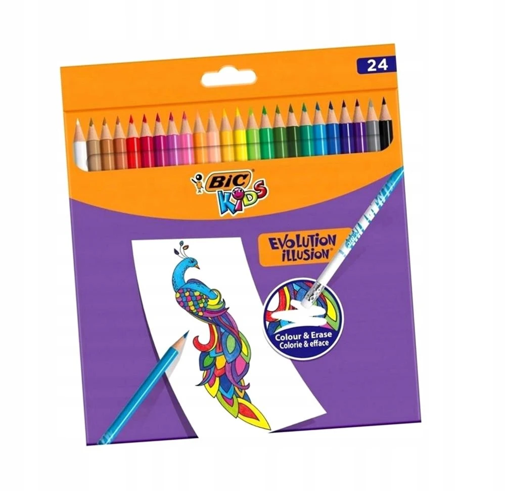 BIC Spalvoti pieštukai su trintuku Kids Evolution Illusion 24 spalvų rinkinys