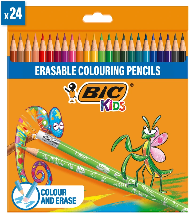 BIC Spalvoti pieštukai su trintuku Kids Evolution Illusion 24 spalvų rinkinys