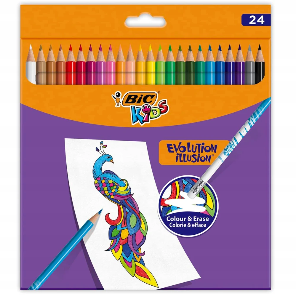 BIC Spalvoti pieštukai su trintuku Kids Evolution Illusion 24 spalvų rinkinys