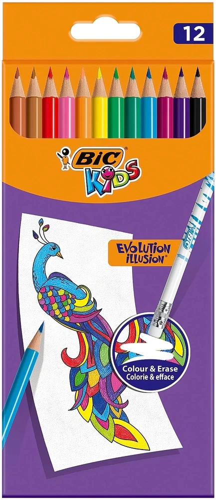 BIC Spalvoti pieštukai su trintuku Kids Evolution Illusion 24 spalvų rinkinys