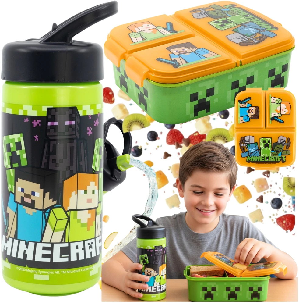BIDON i ŚNIADANIÓWKA PRZEGRÓDKI LUNCH BBOX PREZENT TRZYKOMOROWA MINECRAFT