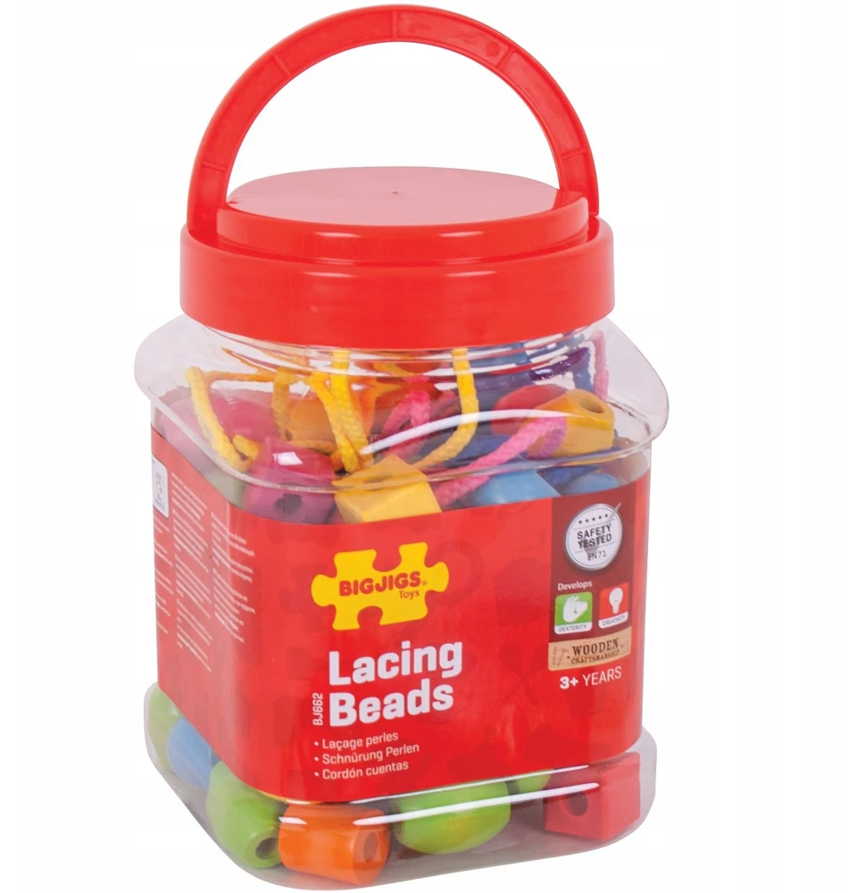 Big Jigs Mediniai karoliukai Karoliukų rišimas vaikams Didelis 90 vnt. Bigjigs 3+