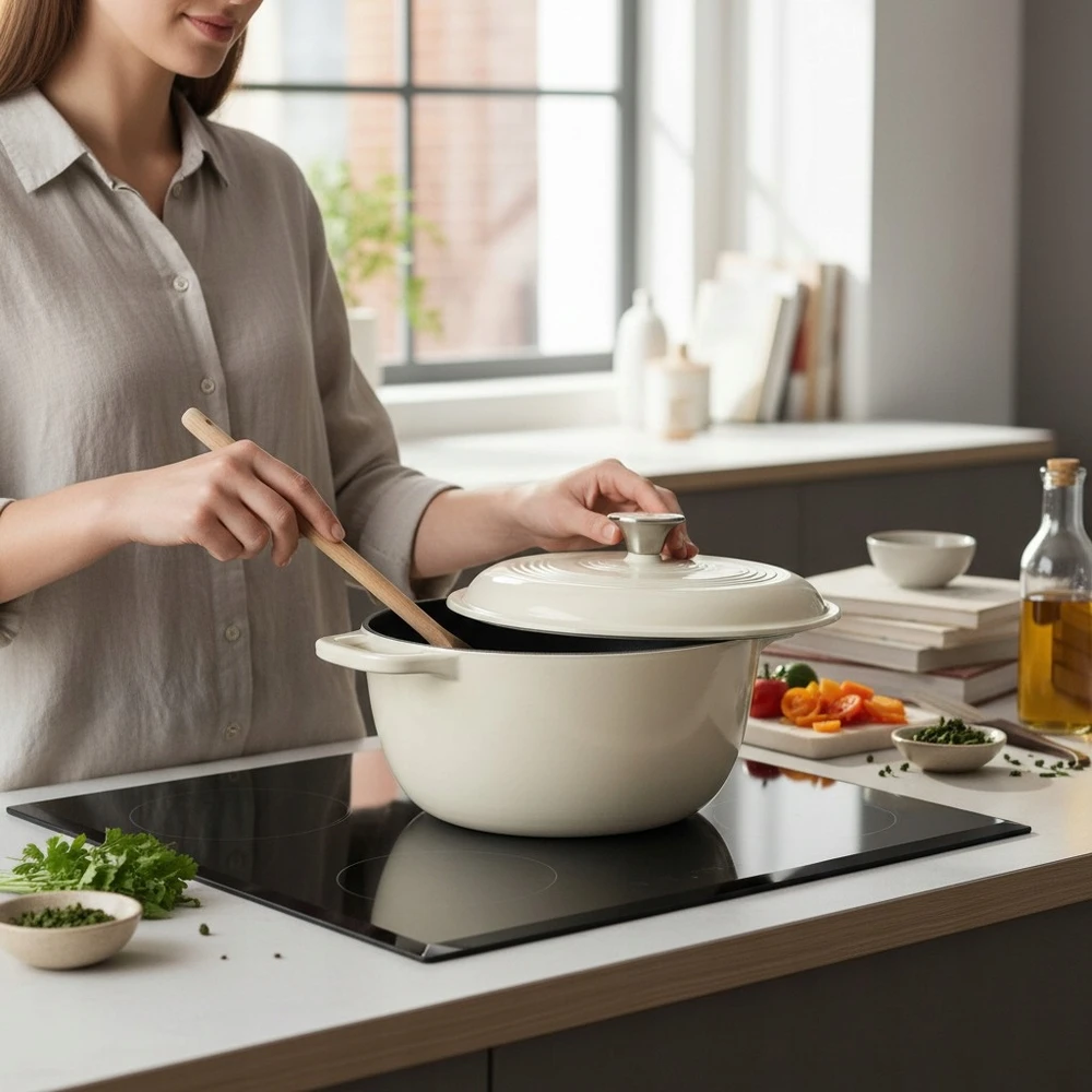 Bimberek Emaliuotas ketaus puodas 5,8L ECRU su dangteliu, indukcinių dujų indas